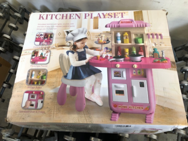 Photo 2 of Kids Play Kitchen Playset for Toddlers Girls, Toy Kitchen Sets Pretend Play Food Toy with Chair for Girls Kids Ages 3-8, Kitchen Accessories Set with Light Sound Spray, for Kids Girls Toddlers Pink