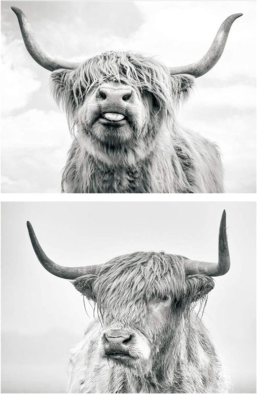 Photo 1 of 2 Pieces Highland Cow Canvas Wall Art Black and White Poster Art Decor Painting Home Decor for Living Room Office Bedroom(Unframed,16x20 inches)
