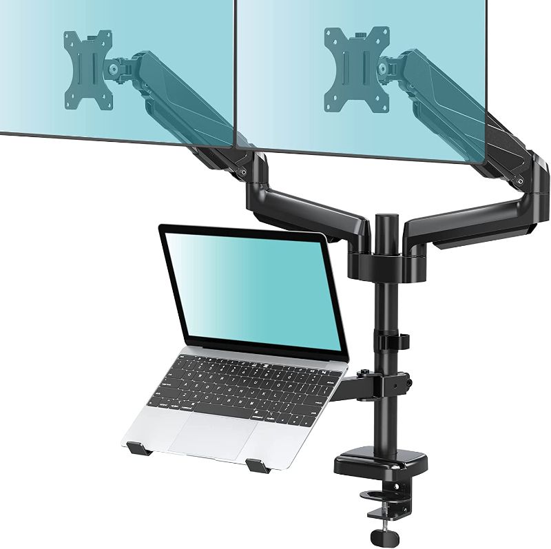 Photo 1 of MOUNT PRO Monitor and Laptop Mount, Gas Spring Dual Monitor Arm fit Max 27inch Flat Curved Computer Screens, Monitor Mount with Laptop Tray for Max 17 Inch Notebooks, 3 in 1 Laptop and Monitor Stand
