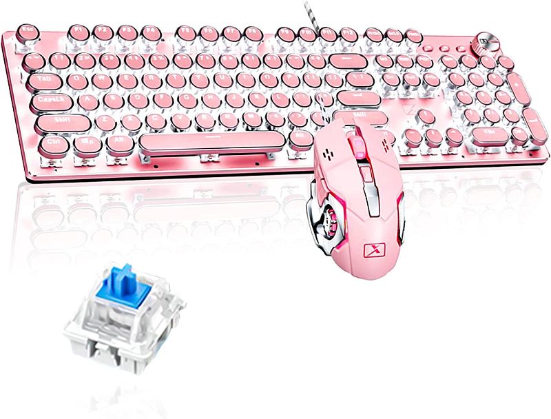 Photo 1 of VINMEN Mechanical Vintage Gaming Keyboard with Mouse Retro Punk Typewriter-Style White LED Backlit USB Wired Mechanical Keyboard for PC Laptop Desktop Computer Game and Office (Pink)
