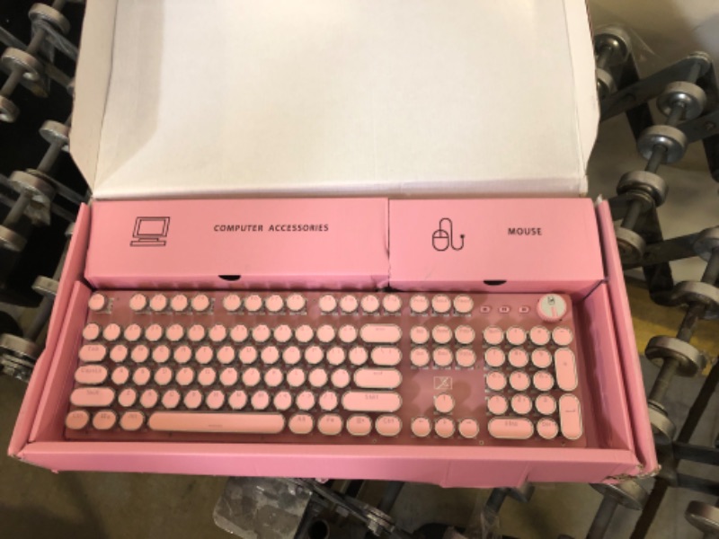 Photo 2 of VINMEN Mechanical Vintage Gaming Keyboard with Mouse Retro Punk Typewriter-Style White LED Backlit USB Wired Mechanical Keyboard for PC Laptop Desktop Computer Game and Office (Pink)
