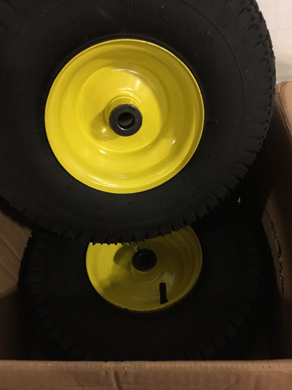 Photo 1 of (2 Pack) AR-PRO Exact Replacement 15" x 6.00 - 6" Front Tire and Wheel Assemblies for John Deere Riding Mowers - Compatible with John Deere 100 and D100 Series - 3” Hub Offset and 3/4” Bushings 15" x 6.00-6" Yellow