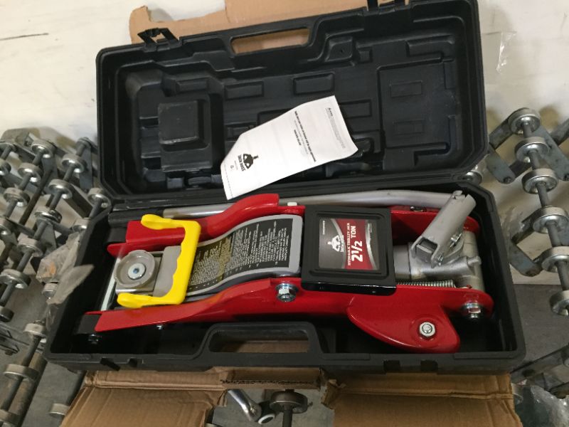 Photo 2 of JackBoss Torin Hydraulic Low Profile Floor Jack 2.5 Ton (5,000 lb) Capacity Trolley Jack with Quick Lift Pump and Portable Storage Case, Red, T825010 **DAMAGED CASE** 