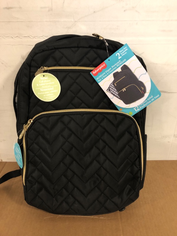 Photo 2 of Baby Essentials Fisher-Price Signature Morgan Quilted Backpack Diaper Bag with Changing Pad, Stroller Clips, Laptop Compartment (Black)