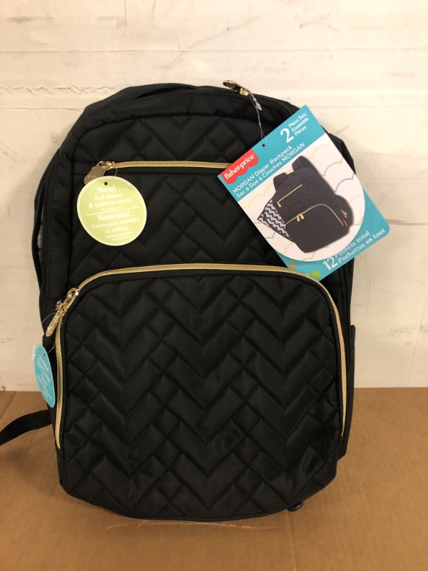 Photo 1 of Baby Essentials Fisher-Price Signature Morgan Quilted Backpack Diaper Bag with Changing Pad, Stroller Clips, Laptop Compartment (Black)