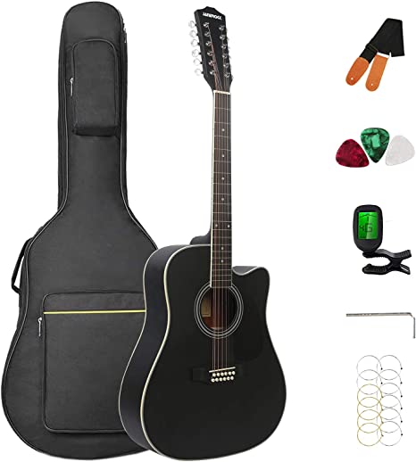 Photo 1 of 12 String Acoustic Guitar Cutaway,Adjustable Truss Rod Full Size Bundle with Gig Bag,Tuner,Strings,Strap, Picks, Black By Janerock