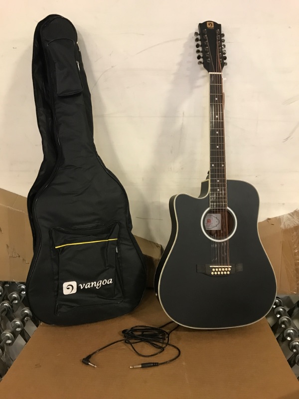 Photo 2 of 12 String Acoustic Guitar Cutaway,Adjustable Truss Rod Full Size Bundle with Gig Bag,Tuner,Strings,Strap, Picks, Black By Janerock