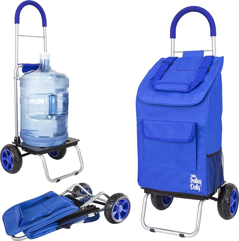 Photo 1 of 
dbest products Trolley Dolly, Blue Foldable Shopping cart for Groceries with Wheels and Removable Bag and Rolling Personal Handtruck, Standard
Color:Blue