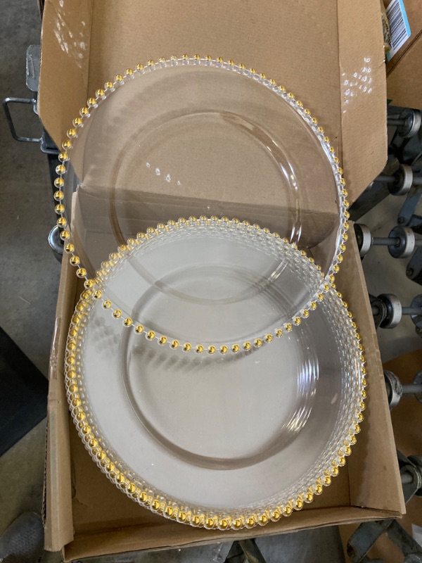 Photo 2 of 6 Pack 12.6 Inch Clear Plastic Round Charger Plates Table Dinner Charger Plates Clear Round Plates with Beaded Rim for Birthday Party Wedding Events Bridal Shower Dinner Decoration (Gold Bead)