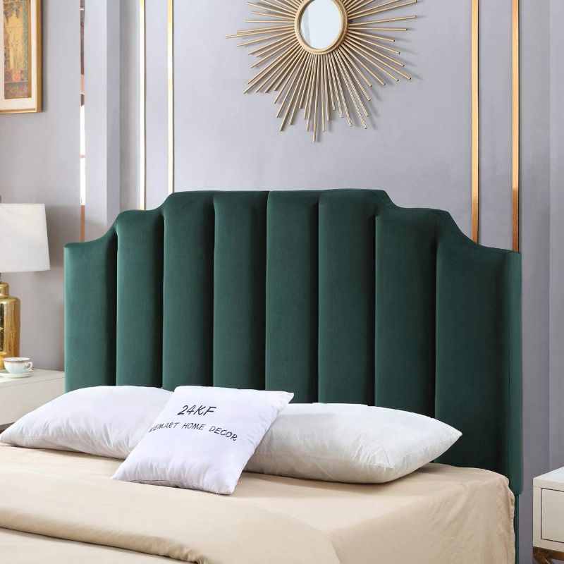 Photo 1 of 24KF Velvet Upholstered Tufted Queen Headboard Full Headboard with Vertical Channel Design Queen/Full -Jade Green
