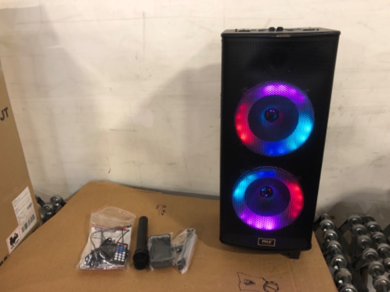 Photo 2 of Pyle Portable Bluetooth PA Speaker System - 700W Dual 8” Rechargeable Speaker, TWS, Party Light, LED Display, FM/AUX/MP3/USB/SD, Wheels, Wireless Mic, Remote Control, Tablet Holder Included PHP28DJT