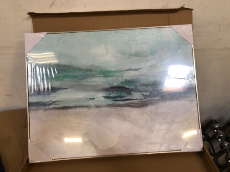 Photo 2 of Abstract Seascape Canvas Wall Art - Framed Teal Watercolor Abstract Coastal and Ocean Waves Artwork for Living Room Decor Teal&Grey 2 32Wx24L Framed