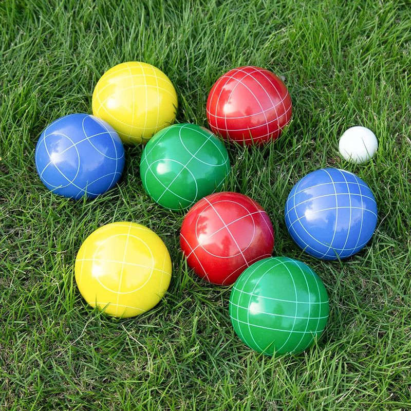 Photo 2 of AIIT Bocce Balls Set - Outdoor Family Bocce Game with 8 Resin Balls, Pallino, Carrying Bag, Measuring Rope for Backyard, Lawn, Beach, 90mm