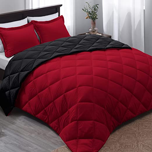 Photo 1 of Basic Beyond Down Alternative Comforter Set (Queen, Black/Red) - Reversible Bed Comforter with 2 Pillow Shams for All Seasons