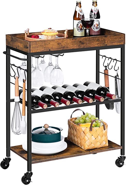 Photo 1 of ALLOSWELL Bar Cart for The Home, 3-Tier Serving Cart, Rolling Storage Cart with Wine Rack and Cup Holder, Beverage Cart with Storage Shelves, for Kitchen, Dining Rooms, Bar, Rustic Brown RCHR3001