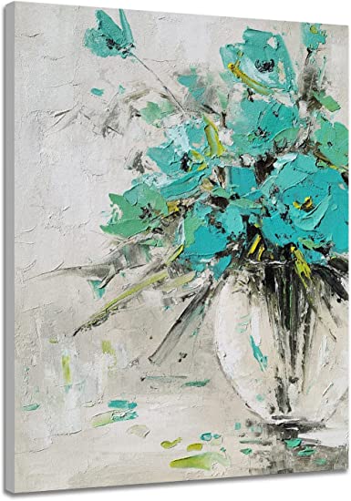 Photo 1 of YHSKY ARTS Teal Floral Paintings - Hand Painted Flower Canvas Wall Arts - Modern Still Life Artwork for Living Room Bedroom Bathroom Decor
Size: 28x20IN