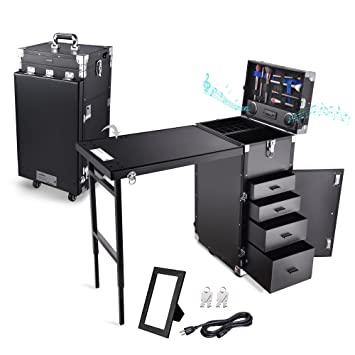Photo 1 of BYOOTIQUE Foldable Rolling Manicure Table Nail Desk Makeup Train Case Cosmetic Trolley Travel Storage Organizer Nail Tables with 4 Drawers Mirror & Speaker for Technician Workstation Mua Salon, Black
