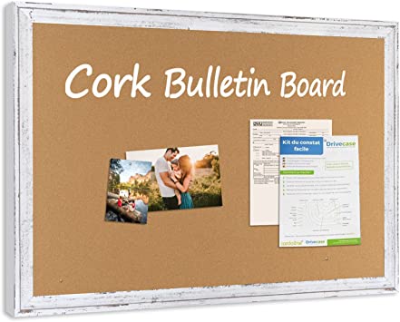Photo 1 of AMUSIGHT Cork Board for Wall, 24" x18 " White Rustic Wooden Frame Bulletin Board, Picture Notice Decor Corkboard for Home, School, Office

