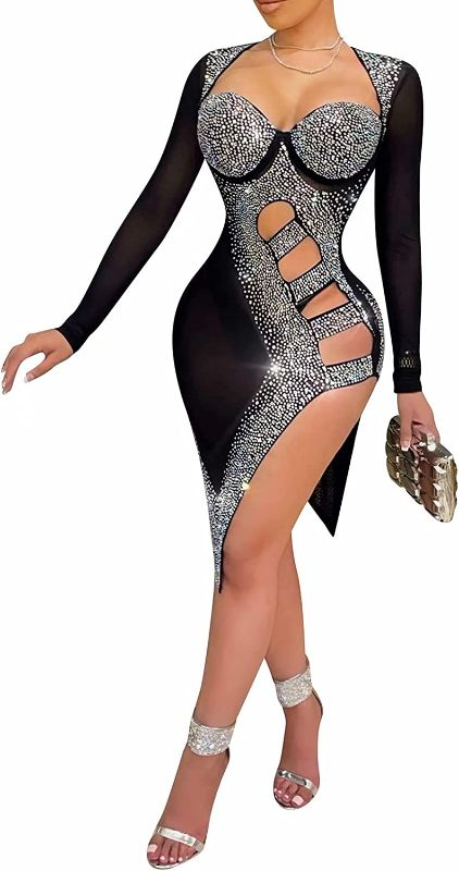 Photo 1 of Aro Lora Womens Sexy Glitter Rhinestones Sheer Mesh Asymmetrical Bodycon Midi Club Dress