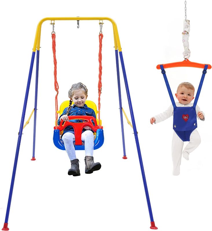 Photo 1 of 3-in-1 Swing Set for Toddler & Baby, Baby Swing Indoor/Outdoor Play, Baby Swing& Bouncer Foldable Metal Stand Easy to Assemble and Store.
