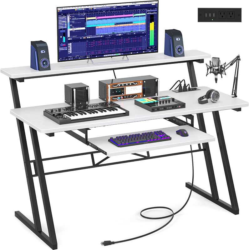 Photo 1 of Armocity 47'' Music Studio Desk with Power Outlet, Studio Desk for Music Production, Recording Studio Desk for Producer, Studio Workstation Desk for Music Recording, Piano Tray, Raised Stand, White
