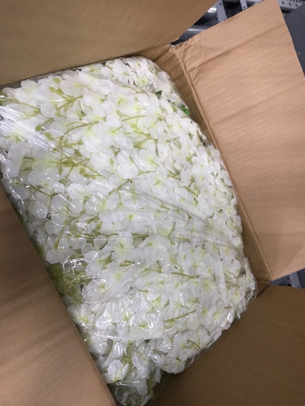 Photo 1 of 108 Pack 43.2 in/ 3.6 ft Artificial Fake Wisteria Hanging Flowers Wisteria Faux Flowers Garland Silk Wisteria Vine Rattan Long Hanging Flowers String for Home Outdoor Wedding Party (Milky)