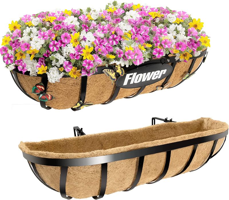 Photo 4 of 
Y&M 2pcs 24 Inch Window Deck with Coco Liner, 24" Window Boxes Horse Trough with Coconut Coir Liner, Black Metal Hanging Flower Planter Window...