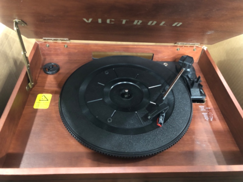 Photo 3 of *Major Damage To Record Player-Radio Works* Victrola Classic 6-in-1 Entertainment Center – Bluetooth Record Player with 3-Speed Turntable, CD and Cassette Player and FM Radio, Mahogany (VTA-200B)
