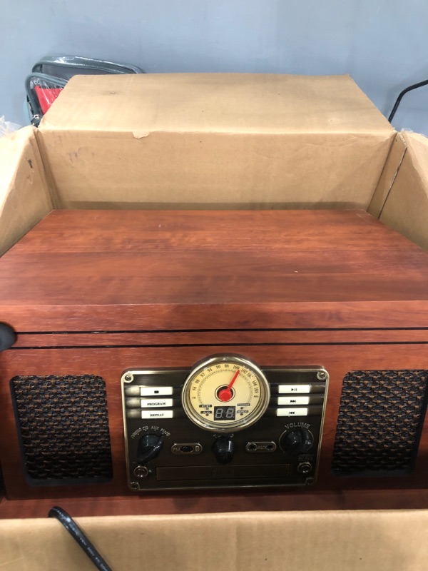 Photo 5 of *Major Damage To Record Player-Radio Works* Victrola Classic 6-in-1 Entertainment Center – Bluetooth Record Player with 3-Speed Turntable, CD and Cassette Player and FM Radio, Mahogany (VTA-200B)
