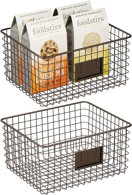 Photo 1 of mDesign Medium Steel Wire Storage Organizer Bin Baskets with Label Slot - Kitchen Pantry, Bathroom, Cabinet, Cupboard, Organizing Holder for Food, Snacks, Produce - Omaha Collection - 2 Pack - Bronze
