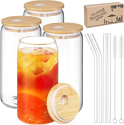 Photo 1 of 4 Pack Drinking Glasses Beer Can Glass Cups 16 oz Can Shaped Tumbler Glass with Bamboo Lids and Straws Large Drinking Can Cups for Ice Soda Tea Iced Coffee Glasses Cups Birthday Gifts for Men
