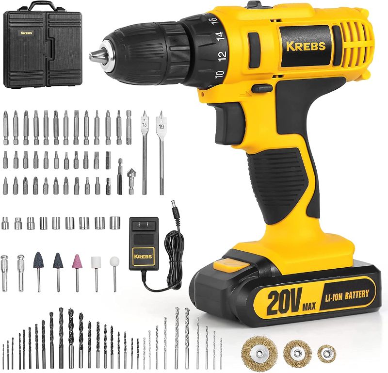 Photo 1 of KREBS 20V Cordless Drill, Electric Power Drill Set with Battery and Charger, 3/8-Inch Keyless Chuck,2 Variable Speed, 266 In-lb Torque, 18+1 Position and 88pcs Drill Bits Accessories
