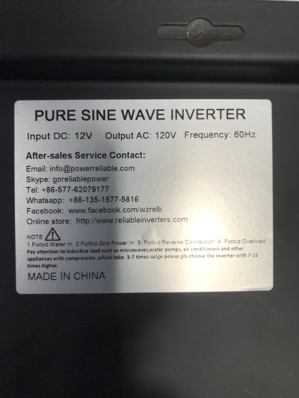 Photo 5 of UNABLE TO TEST** WZRELB 3000watt Pure Sine Wave Inverter 12V DC to 120V AC 60HZ - FAIRLY NEW** 