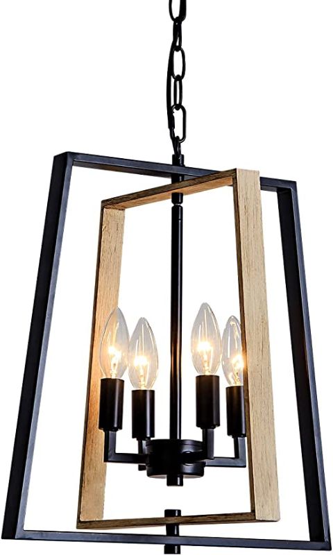 Photo 1 of 15" 4 Lights Farmhouse Pendant Light Fixture Pendant Lighting Kitchen Island for Dining Living Room Black Metal Rustic Wood Chandelier Ceiling Hanging Lights for Foyer Entryway Height Adjustable E12
