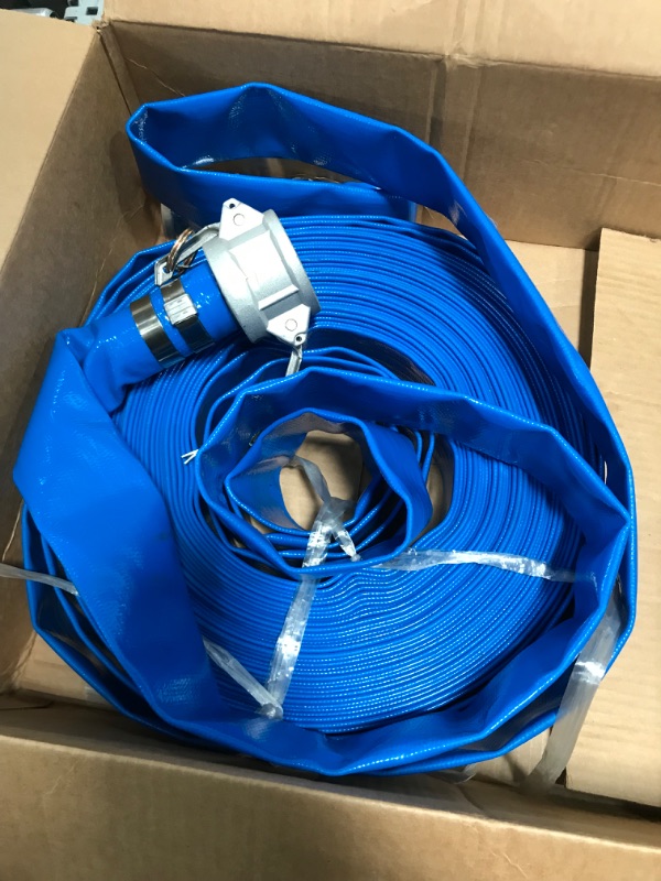 Photo 2 of LEBLEBALL 1.5" x 100 FT Blue Backwash Hose,Reinforced Discharge Hose for Swimming Pools Heavy Duty PVC Lay Flat Pool Drain Hose with Connector Aluminum Camlock C and E Fittings 1.5in x 100ft