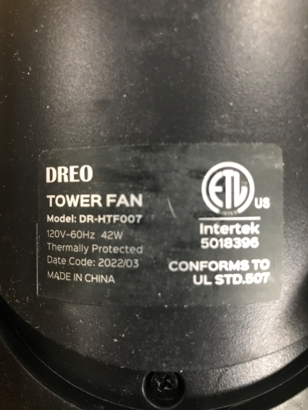 Photo 4 of "MISSING REMOTE, FULLY FUNCTIONAL" Dreo Nomad One Tower Fan with Remote, 24ft/s Velocity Quiet Cooling Fan, 90° Oscillating Fan with 4 Speeds, 4 Modes, 8H Timer, Bladeless Fan, Standing Floor Fans, Black, (DR-HTF007) Black Standard