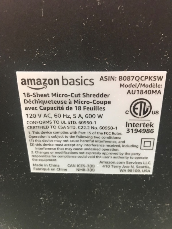 Photo 4 of Amazon Basics 18-Sheet Micro-Cut Paper, CD, and Credit Card Shredder 18 Sheet Shredder
****NONFUNCTIONAL, NEEDS REPAIR*****