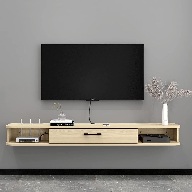 Photo 1 of **DAMAGED MISSING PARTS** Pmnianhua Floating TV Console,55'' Wall-Mounted Media Console TV Cabinet Floating TV Stand Entertainment Shelf with Door and Storage (Light Oak)
