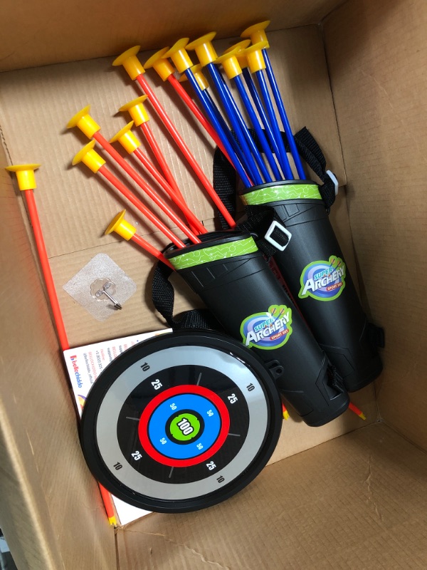 Photo 2 of BELLOCHIDDO 2 Set Bow and Arrow for Kids 8-12 - LED Light Up Kids Archery Set with 2 Bow 16 Suction Cup Arrows, 2 Target & 2 Quiver, Indoor & Outdoor Play Toys for 4-7 8-12 Year Old Boys Green With Blue