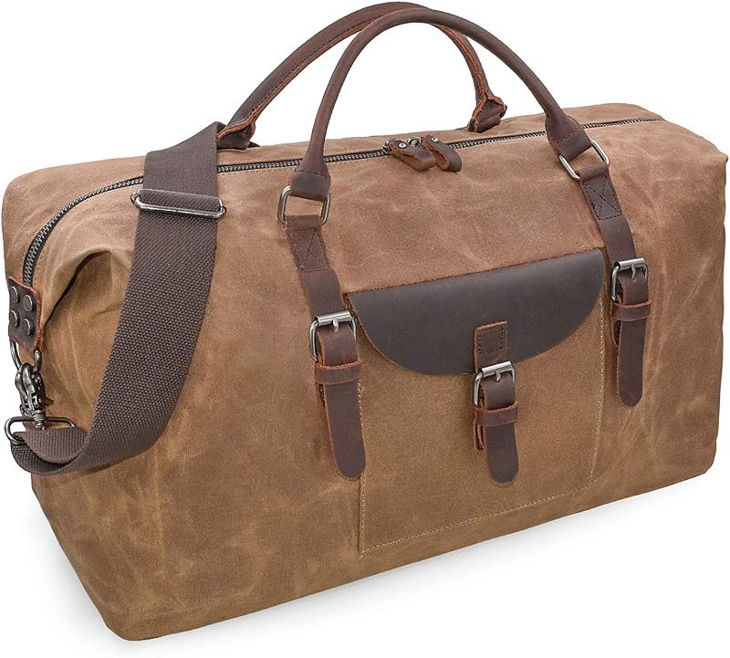 Photo 1 of **SIMILAR** Oversized Travel Duffel Bag Waterproof Canvas Genuine Leather Weekend bag Weekender Overnight Carryon Hand Bag Brown