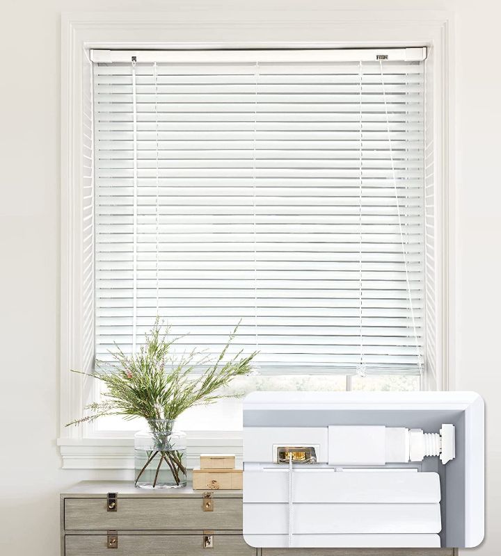 Photo 1 of LazBlinds No Tools-No Drill 1" Aluminum Horizontal Mini Blinds Shades for Window Size 42'' W x 64'' H, Light Filtering Inside Installation, White