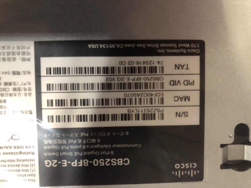 Photo 4 of Cisco Business CBS250-8P-E-2G Smart Switch | 8 Port GE | PoE | Ext PS | 2x1G Combo | Limited Lifetime Protection (CBS250-8P-E-2G-NA) 8-port GE / PoE + / 67W / 2xGE uplinks / External Power Supplier Switch