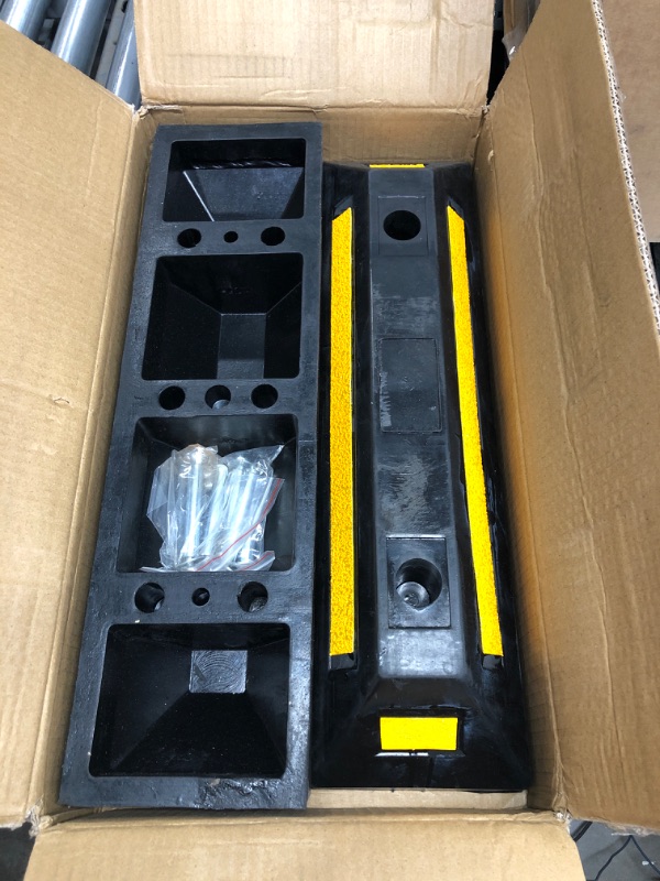 Photo 1 of F COME 2 Pack Heavy Duty Rubber Parking Block Parking Curb - Wheel Stop Stoppers with Scatter Glass Reflective Yellow Targets for Car Garage Floor Stops and Truck RV Stop Aid Indoor Outdoor parking block 2 pack
