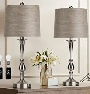 Photo 1 of Oneach USB Modern Metal Table Lamps for Living Room Bedroom Set of 2 (Large Size, Brushed Nickel Touch)
