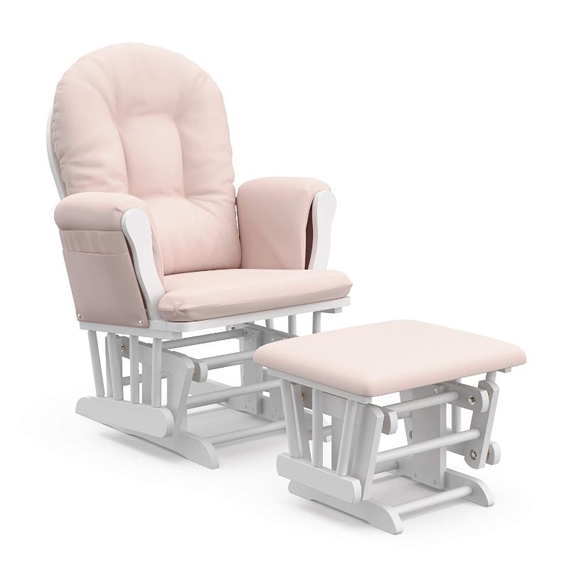 Photo 1 of ***USED/MISSING SCREWS***  Storkcraft Premium Hoop Glider and Ottoman (White Base, Pink Cushion) – Padded Cushions with Storage Pocket, Smooth Rocking Motion, Easy to Assemble, Solid Hardwood Base
