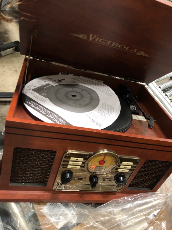 Photo 3 of Victrola Nostalgic 6-in-1 Bluetooth Record Player & Multimedia Center with Built-in Speakers - 3-Speed Turntable, CD & Cassette Player, FM Radio | Wireless Music Streaming | Mahogany Mahogany Entertainment Center