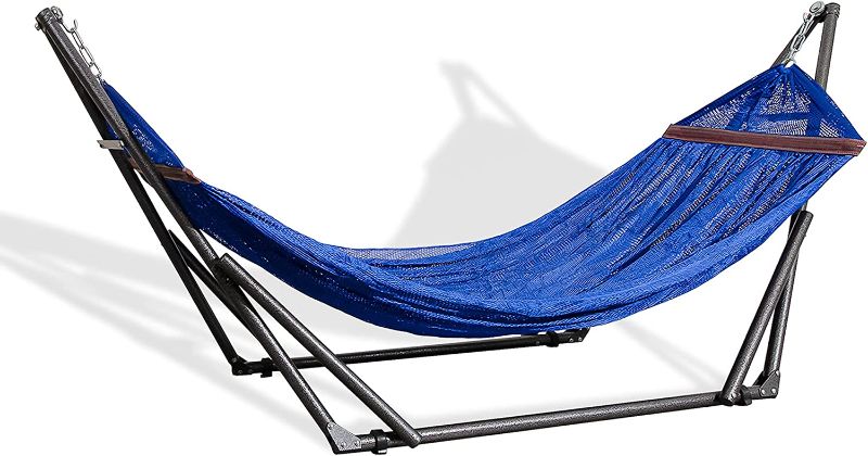 Photo 1 of Best Home Fashion Hammock with Collapsible Steel Stand & Carrying Case, Portable & Adjustable, Perfect for Camping Beach Summer Patio, EZ Daze Foldable Hammock with Stand - blue