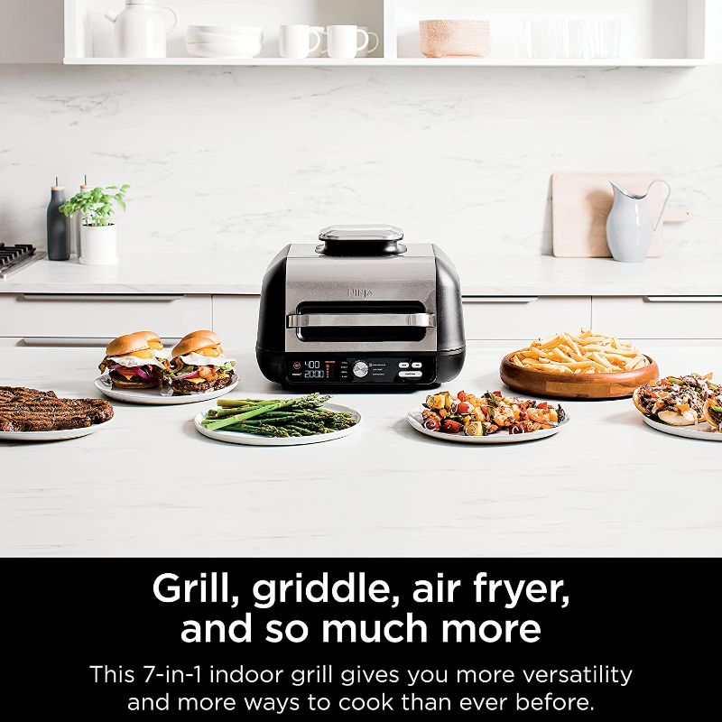 Photo 2 of Ninja IG601 Foodi XL 7-in-1 Indoor Grill Combo, use Opened or Closed, Air Fry, Dehydrate & More, Pro Power Grate, Flat Top Griddle, Crisper, Black, 4 Quarts