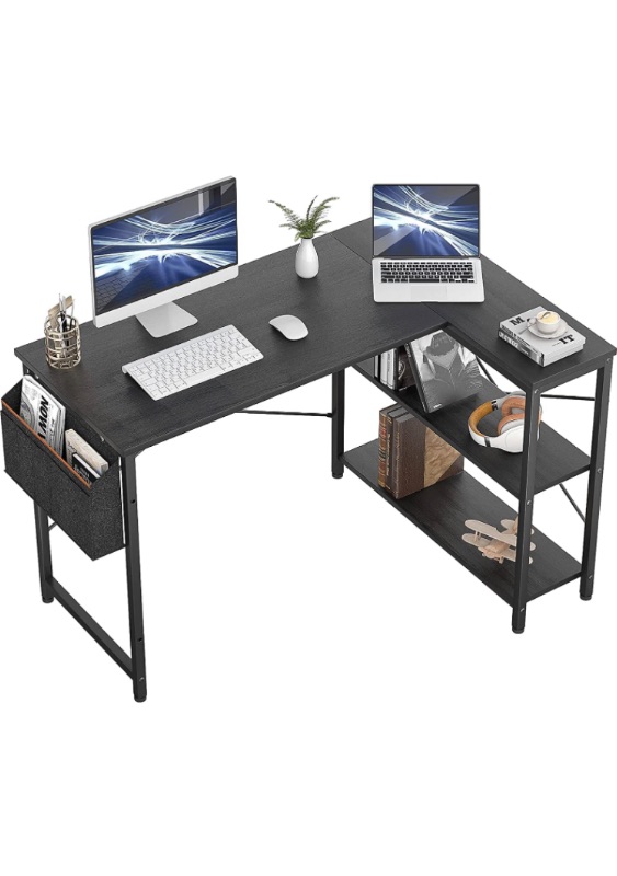 Photo 1 of Small L Shaped Computer Desk, Chulovs 47 Inch L-Shaped Corner Desk with Reversible Storage Shelves for Home Office Workstation, Modern Simple Style Writing Desk Table with Storage Bag (Black)