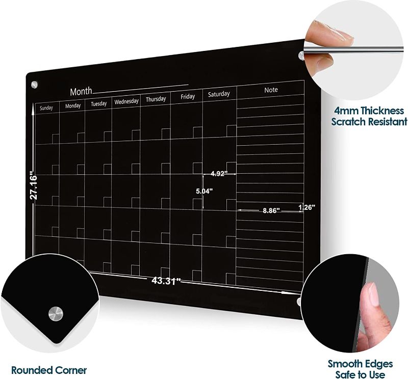 Photo 1 of J&J worldwide Magnetic Whiteboard Calendar, 47 x 35 Black Glass Wall Calendar Dry Erase Board Monthly Planner for Home, School, Office, Frameless, with Markers, Marker Tray, Eraser, Magnets
(( missing glass ))